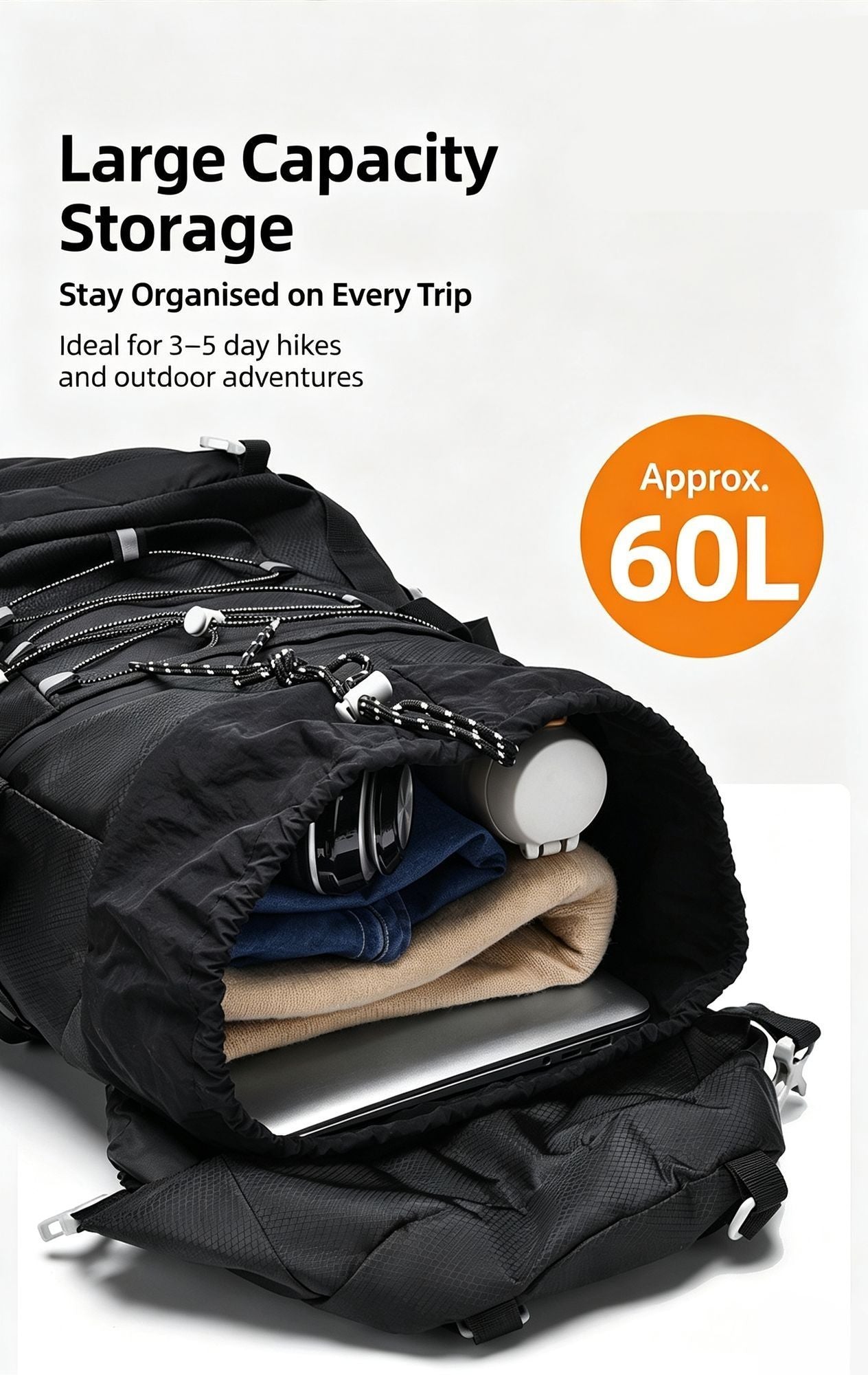 Spacious Nylon Trekking Rucksack 60L Orange