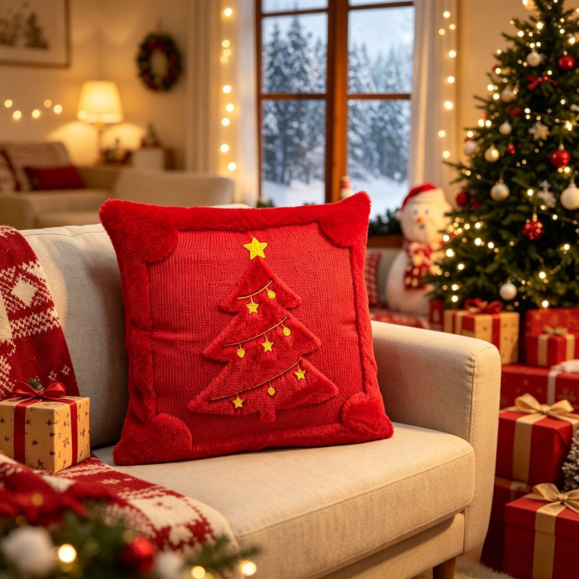 Set of 2 Christmas Cushion Covers - New Red Large Christmas Tree