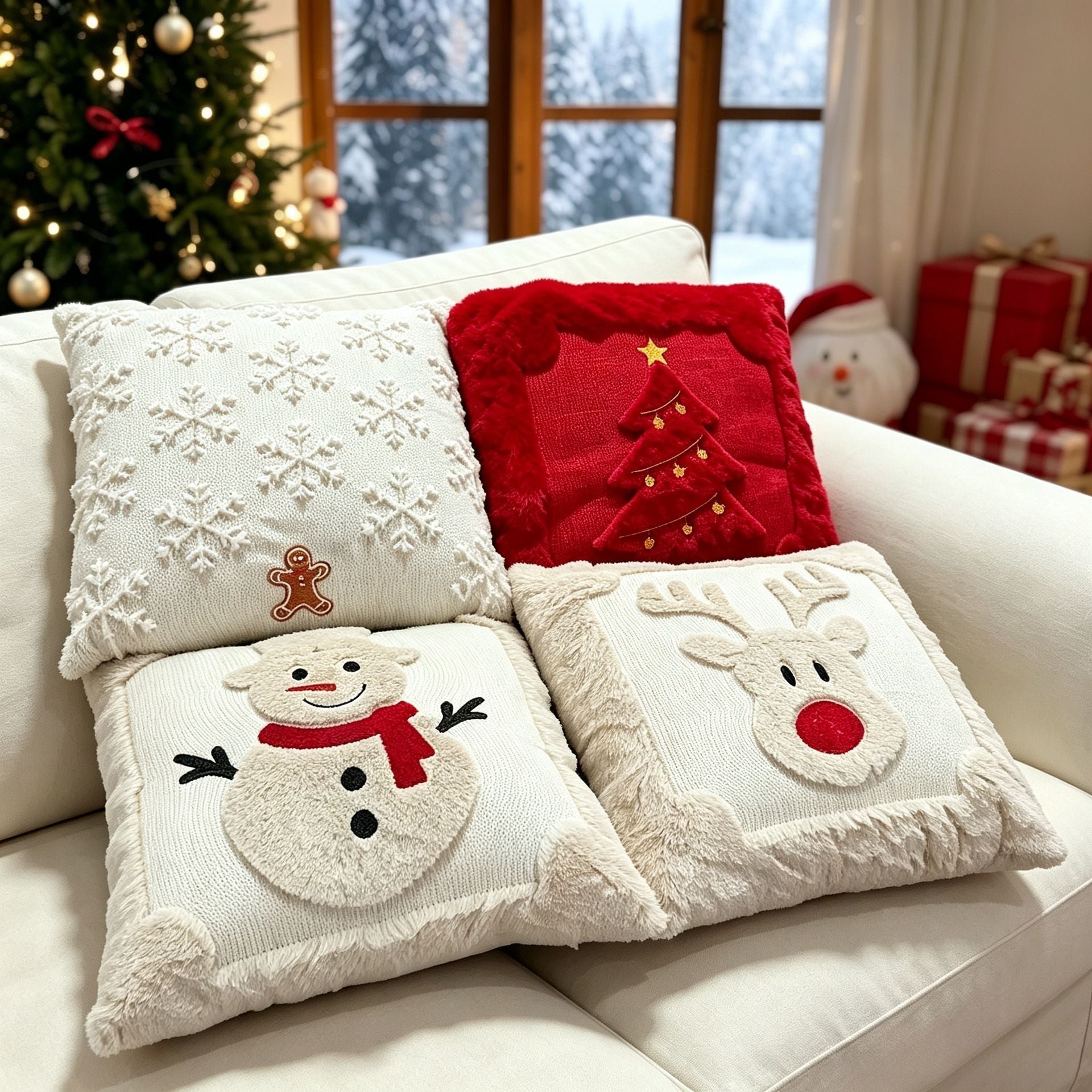 Set of 2 Christmas Cushion Covers - Off-White Snowflake