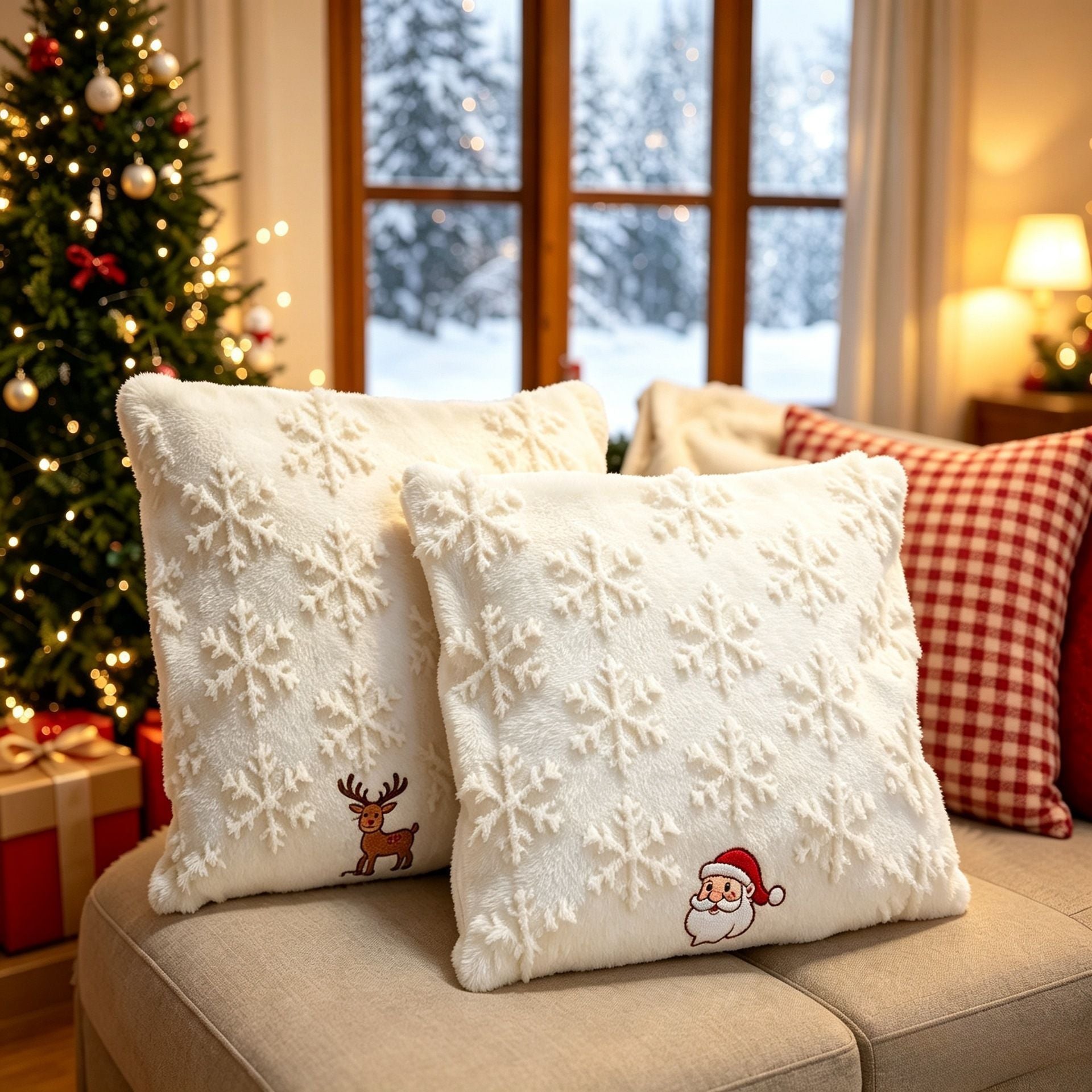Set of 2 Christmas Cushion Covers - Off-White Snowflake