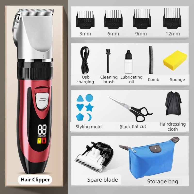 Digital Display Electric Hair Clipper—Red