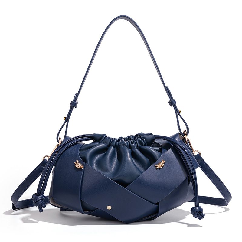 Handwoven PU Leather Drawstring Shoulder Crossbody Bag,  Blue