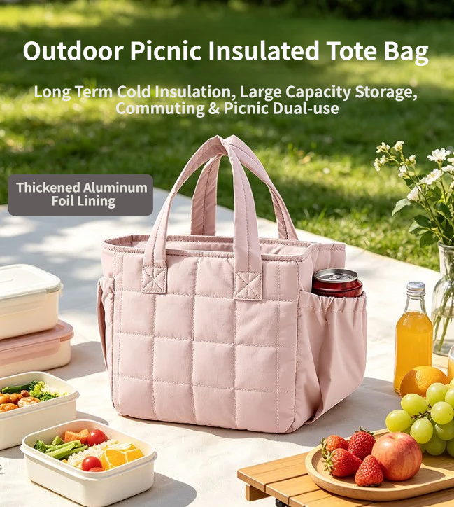 Beige Stylish Insulated Quilted Zipper Lunch Bag