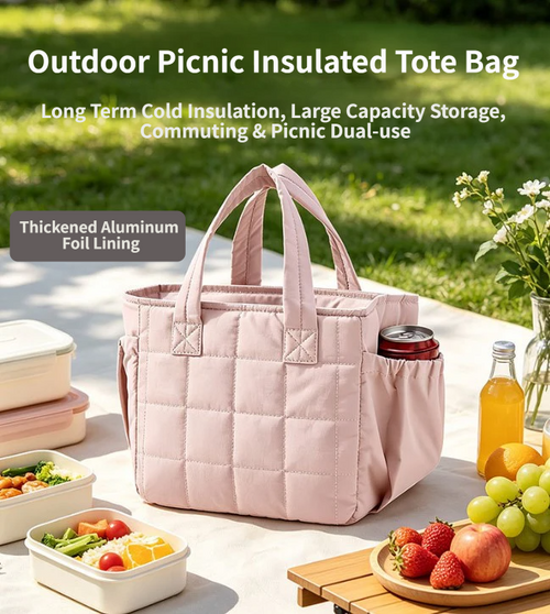 Beige Stylish Insulated Quilted Zipper Lunch Bag