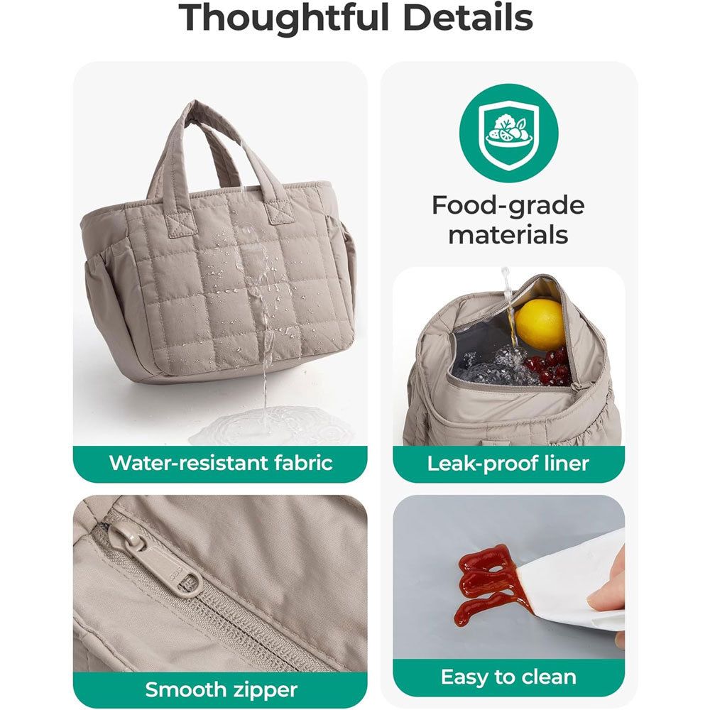 Beige Stylish Insulated Quilted Zipper Lunch Bag